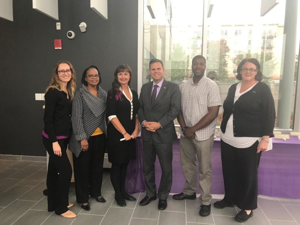 Event speakers, from left: Amanda Reichmuth – Chief Program Officer RESPOND, Liz Hart – ZONTA Malden, Jessica Brayden – Chief Executive Officer RESPOND, Malden Mayor Gary Christenson, Elijah McNeal – Detective in Domestic Violence Division of Malden Police, Victoria Helberg – High Risk Program Coordinator RESPOND